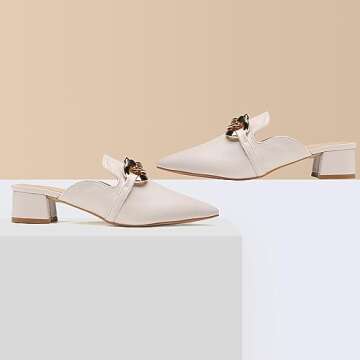 Tilocow Metal Chain Decor Mules Heels for Women Chunky Heeled Sandals Slip on Loafers Closed Toe Slides for Women Backless Mules Apricot 8.5