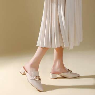 Tilocow Metal Chain Decor Mules Heels for Women Chunky Heeled Sandals Slip on Loafers Closed Toe Slides for Women Backless Mules Apricot 8.5