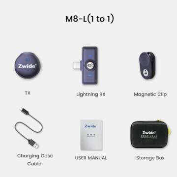 Zwide Wireless Lavalier Microphone M8-L(1to1), Noise Cancellation & Reverberation, Playback without Pull Out,Lightweight Compact Mini Lapel Mics with Detachable Magnetic Clip for iPhone/Lightning Port