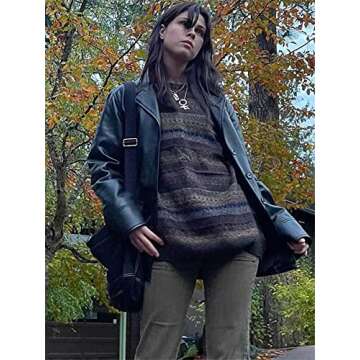 Women Y2K Argyle Striped Pullover Sweater - Vintage Preppy Style Knitted Sweater