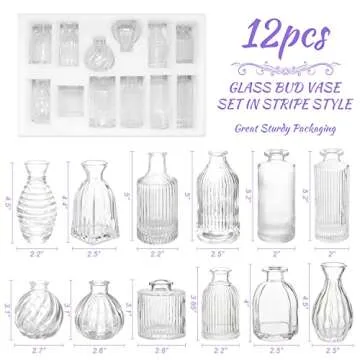 Bud Vases Set of 12, Glass Vase for Decor Centerpieces, Small Vases for Flowers, Clear Flower Vase Stripe Modern Bud Vases in Bulk, Vintage Vases for Floral Wedding Party Table Decoration Home Decor