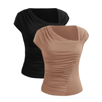 PRETTYGARDEN Women's 2 Pack T Shirts Casual Summer Cap Sleeve Asymmetrical Ruched Fitted Y2K Tops Ba...