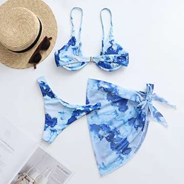 Qlarnaweer Women's 3 Piece Swimsuits Bikini Sets Sarong Cover Ups Beach Skirt Light Blue S