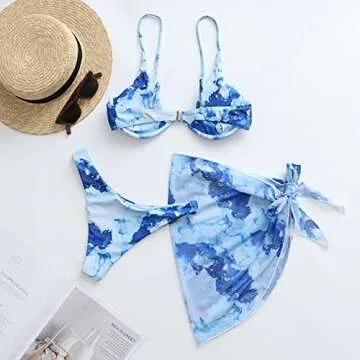Qlarnaweer Women's 3 Piece Swimsuits Bikini Sets Sarong Cover Ups Beach Skirt Light Blue S