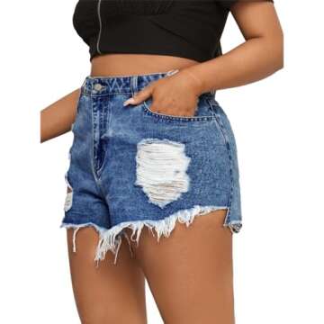 MapleHub Plus Size Denim Shorts Women High Waisted Ripped Folded Hem Jean Shorts