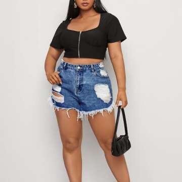 MapleHub Plus Size Denim Shorts Women High Waisted Ripped Folded Hem Jean Shorts