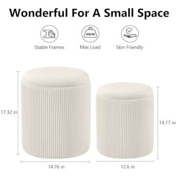 Chilihom Round Ottoman with Storage Set of 2 Upholstered Velvet Vanity Stool for Makeup Lines Support 300lbs Ottomans Multifunctional Foot Rest Coffee Table Padded Seat for Living Room&Bedroom-Beige