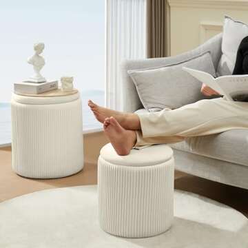 Chilihom Round Ottoman with Storage Set of 2 Upholstered Velvet Vanity Stool for Makeup Lines Support 300lbs Ottomans Multifunctional Foot Rest Coffee Table Padded Seat for Living Room&Bedroom-Beige