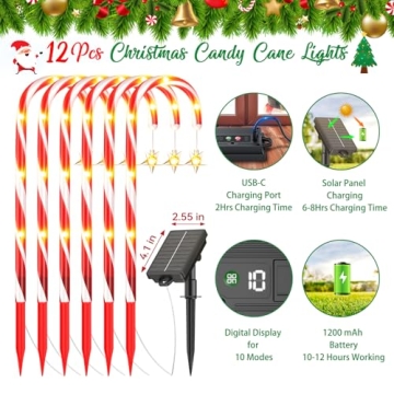BUCASA 12 Pack Solar Christmas Candy Cane Lights