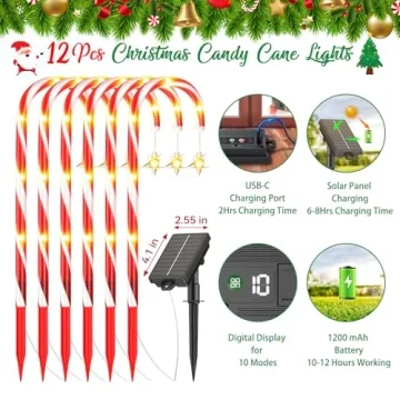 BUCASA 12 Pack Solar Christmas Candy Cane Lights