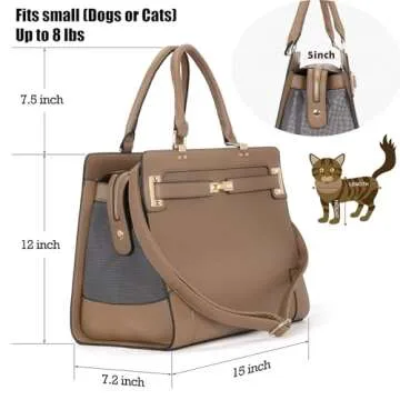 Fashion Pet Carrier Dog Cat Carrier Purse Soft-Sided Leather Handbag Pet Tote Bag for Small Dogs Puppy and Cats TSA Airline Approved (Khaki)