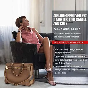 Fashion Pet Carrier Dog Cat Carrier Purse Soft-Sided Leather Handbag Pet Tote Bag for Small Dogs Puppy and Cats TSA Airline Approved (Khaki)