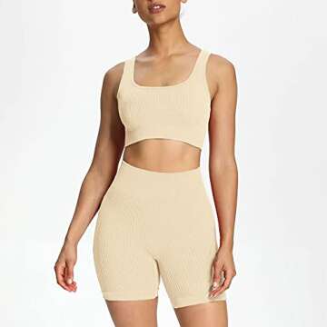Aoxjox 2 Piece Outfits for Women Ribbed Crop Tank High Waist Seamless Shorts Workout Sets (Beige White, Small)