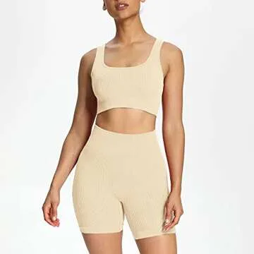 Aoxjox 2 Piece Outfits for Women Ribbed Crop Tank High Waist Seamless Shorts Workout Sets (Beige White, Small)