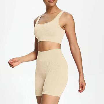 Aoxjox 2 Piece Outfits for Women Ribbed Crop Tank High Waist Seamless Shorts Workout Sets (Beige White, Small)
