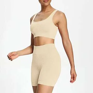 Aoxjox 2 Piece Outfits for Women Ribbed Crop Tank High Waist Seamless Shorts Workout Sets (Beige White, Small)