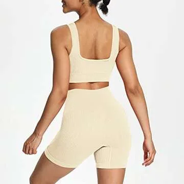 Aoxjox 2 Piece Outfits for Women Ribbed Crop Tank High Waist Seamless Shorts Workout Sets (Beige White, Small)