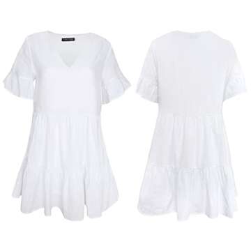 FANCYINN Womens White Cute Shift Dress Short Bell Sleeve Ruffle Hem V Neck Loose Swing Tunic Mini Dress with Pockets XS