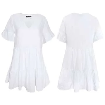 FANCYINN Womens White Cute Shift Dress Short Bell Sleeve Ruffle Hem V Neck Loose Swing Tunic Mini Dress with Pockets XS