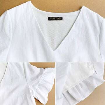 FANCYINN Womens White Cute Shift Dress Short Bell Sleeve Ruffle Hem V Neck Loose Swing Tunic Mini Dress with Pockets XS