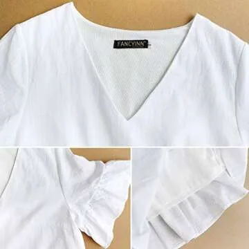 FANCYINN Womens White Cute Shift Dress Short Bell Sleeve Ruffle Hem V Neck Loose Swing Tunic Mini Dress with Pockets XS