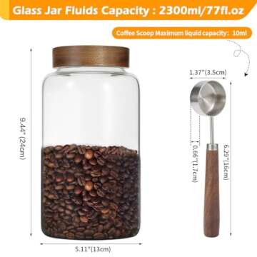 Patoper Large Glass Coffee Jars with Spoon,Round Storage Canister with Wooden Lid Clear Glass Food J...