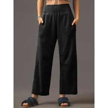 Cicy Bell Womens Smocked Barrel Jeans Casual Trendy High Waisted Baggy Pull On Denim Pants Black