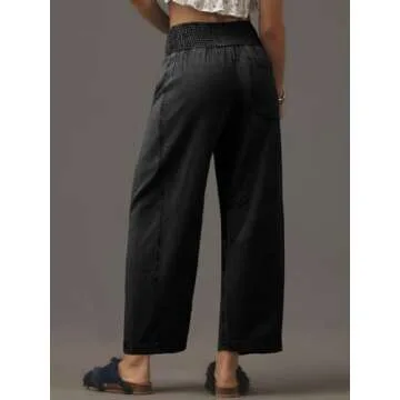 Cicy Bell Womens Smocked Barrel Jeans Casual Trendy High Waisted Baggy Pull On Denim Pants Black
