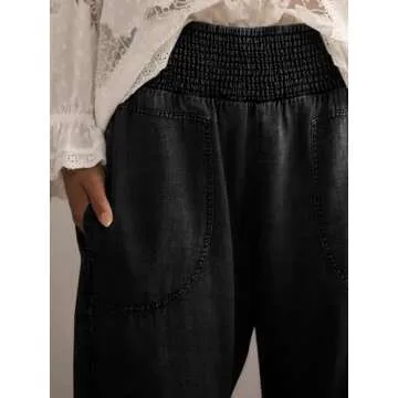 Cicy Bell Womens Smocked Barrel Jeans Casual Trendy High Waisted Baggy Pull On Denim Pants Black