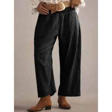 Cicy Bell Womens Smocked Barrel Jeans Casual Trendy High Waisted Baggy Pull On Denim Pants Black