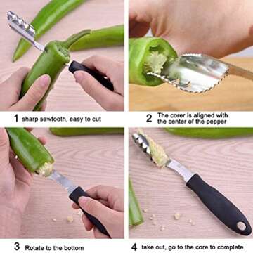 Jalapeno Corer Tool with Serrated Slice and Rubber Handle Easily Seed Remover or Slice off Vegetables tops for Efficient Cooking and Grilling