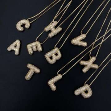 DIOWUS Bubble Letter Necklace Gold for Women，Charm Balloon Initial Letter Pendant Zirconia Inlaid Necklaces Fashion Gifts Jewelry (bubble letter-C)