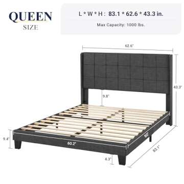Allewie Queen Size Platform Bed Frame with Wingback, Fabric Upholstered Square Stitched Headboard an...