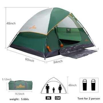 ASFANES 2 Person Waterproof Tents for Camping Easy Setup Outdoor Portable Backyard Camping Tents Suitable for Car Camping, Backpacking, Hiking, Picnic or Fishing, Army Green (Without Tent Guy Lines)