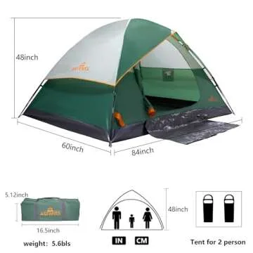 ASFANES 2 Person Waterproof Tents for Camping Easy Setup Outdoor Portable Backyard Camping Tents Suitable for Car Camping, Backpacking, Hiking, Picnic or Fishing, Army Green (Without Tent Guy Lines)