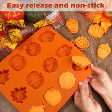 Kamehame Fall Silicone Mold Halloween Thanksgiving Fall Theme Silicone Mold, Maple Leaf Acorn Pumpkin Turkey Shape Cake Pan for Cupcake Resin Candle Soap