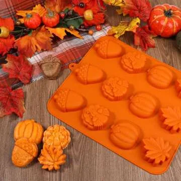 Kamehame Fall Silicone Mold Halloween Thanksgiving Fall Theme Silicone Mold, Maple Leaf Acorn Pumpkin Turkey Shape Cake Pan for Cupcake Resin Candle Soap