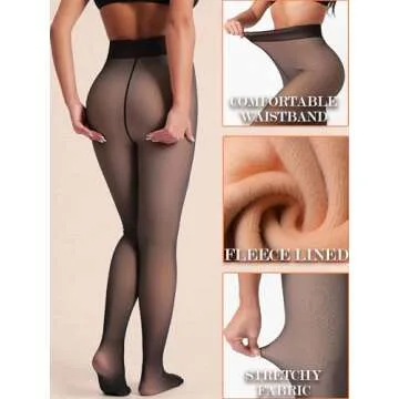 HONENNA 5 Skin Colors Fake Translucent Fleece Lined Tights, Winter Thermal Pantyhose for Women under Dress, medias térmicas, Black L-XL