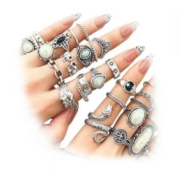 42 Pcs Vintage Silver Knuckle Rings Set for Women, Chunky 17IF Colorful Stone Rings Aesthetic Snake ...