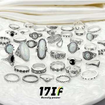 42 Pcs Vintage Silver Knuckle Rings Set for Women, Chunky 17IF Colorful Stone Rings Aesthetic Snake Grunge Stackable Gothic Ring Adjustable Y2K Punk Boho Finger Alt of Rings, Stacking Skull Moon Star Flower Link Midi Ring Pack