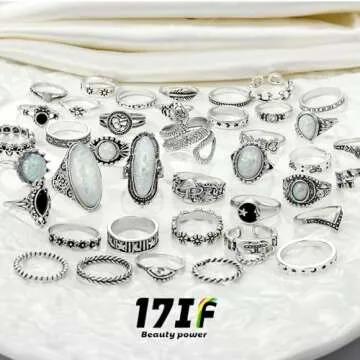 42 Pcs Vintage Silver Knuckle Rings Set for Women, Chunky 17IF Colorful Stone Rings Aesthetic Snake Grunge Stackable Gothic Ring Adjustable Y2K Punk Boho Finger Alt of Rings, Stacking Skull Moon Star Flower Link Midi Ring Pack