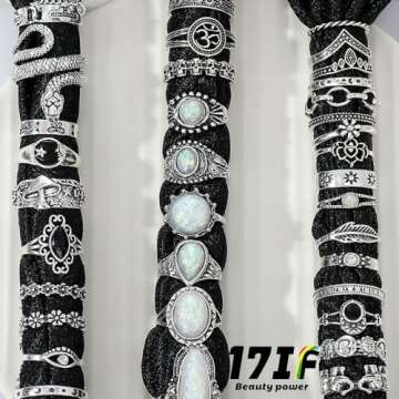42 Pcs Vintage Silver Knuckle Rings Set for Women, Chunky 17IF Colorful Stone Rings Aesthetic Snake Grunge Stackable Gothic Ring Adjustable Y2K Punk Boho Finger Alt of Rings, Stacking Skull Moon Star Flower Link Midi Ring Pack