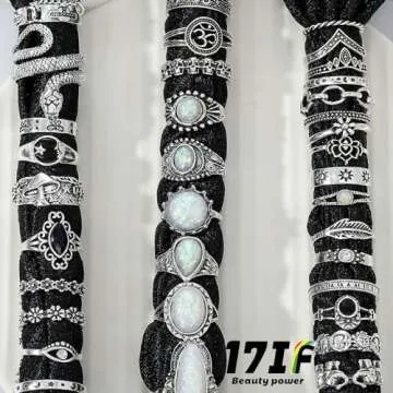 42 Pcs Vintage Silver Knuckle Rings Set for Women, Chunky 17IF Colorful Stone Rings Aesthetic Snake Grunge Stackable Gothic Ring Adjustable Y2K Punk Boho Finger Alt of Rings, Stacking Skull Moon Star Flower Link Midi Ring Pack