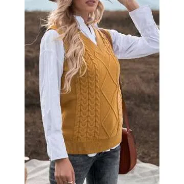 EVALESS Womens Plus Size Yellow Sweater Vest V Neck Sleeveless Fall Spring 2025 Sweaters for Women Cable Knit Solid Color Tops Loose Casual Soft Sweater Large