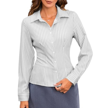 MakeMeChic Women's Striped Button Down Shirts Collared Long Sleeve Blouse Y2K Tops Light Grey Large