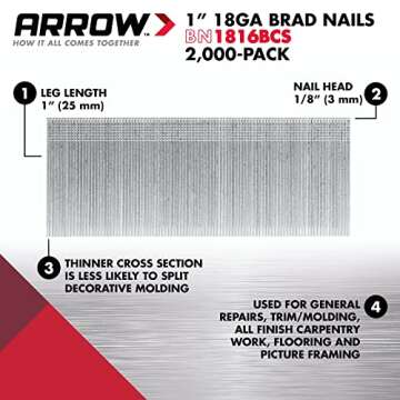 Arrow BN1832CS 18-Gauge Steel Brad Nails - Durable and Versatile, Perfect for Your Projects