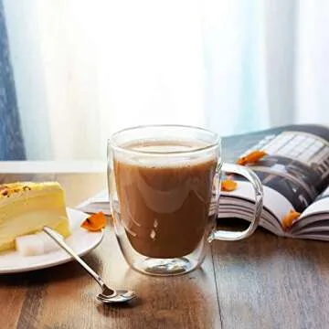 AMEDY'S Set Of 4 Insulated Double Wall Glasses With Handles & 4 Teaspoons – Durable 12 Oz (350 ml) Coffee Glasses | Tea Cups | Latte Glasses | Double Walled Coffee Cups | Double Wall Glass Coffee Mugs