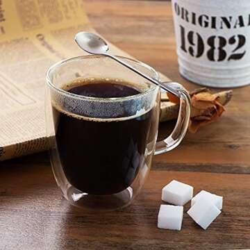 AMEDY'S Set Of 4 Insulated Double Wall Glasses With Handles & 4 Teaspoons – Durable 12 Oz (350 ml) Coffee Glasses | Tea Cups | Latte Glasses | Double Walled Coffee Cups | Double Wall Glass Coffee Mugs