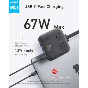 Anker Nano Charging Station(67W Max), 6-in-1 USB C Power Strip for iPhone 15/14 and MacBook, with Fl...