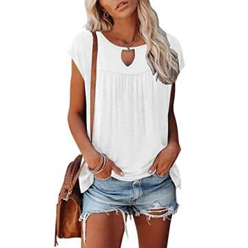ETCYY Womens Summer Tops 2025 Casual Dressy Cap Sleeve Shirts Trendy Pleated Fashion Boho Floral Print Loose Fit Blouse,White,Medium